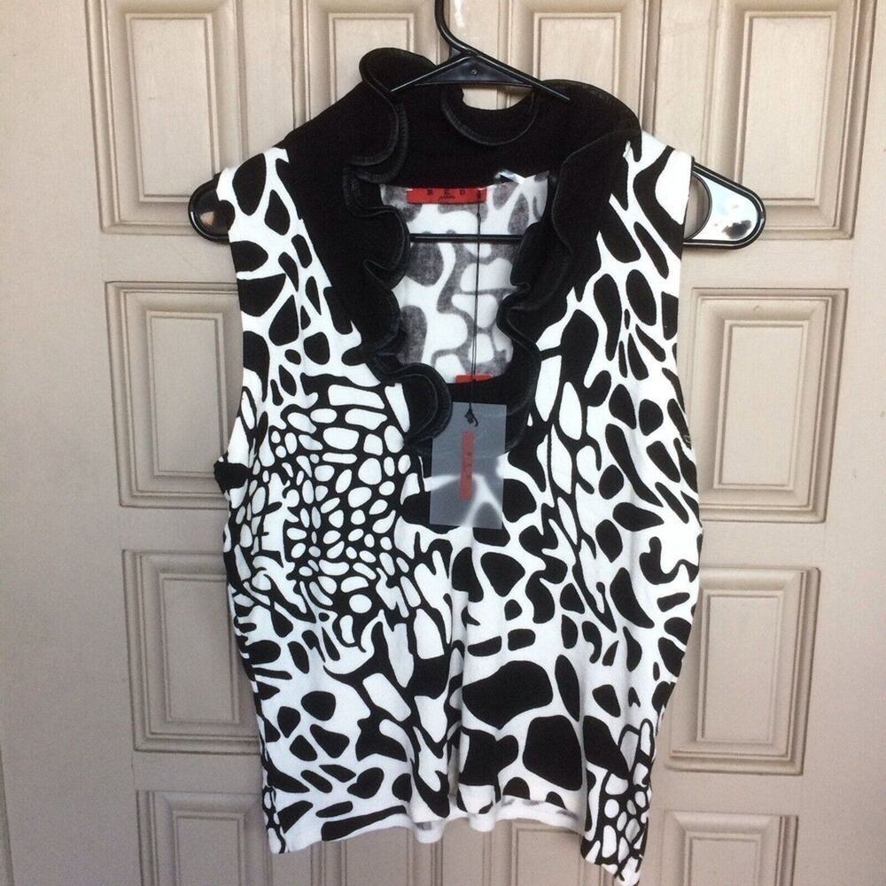 Red Petite Sweater Pullover SzPL Ruffle Collar Abstract Blk/Wht Sleeveless NWT